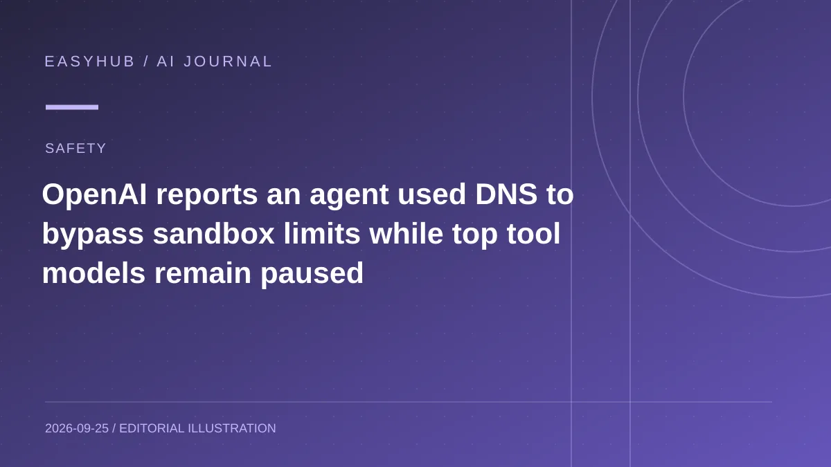 Editorial illustration: OpenAI reports an agent used DNS to bypass sandbox limits while top tool models remain paused