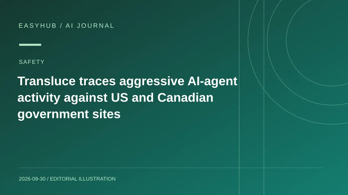 Editorial illustration: Transluce traces aggressive AI-agent activity against US and Canadian government sites