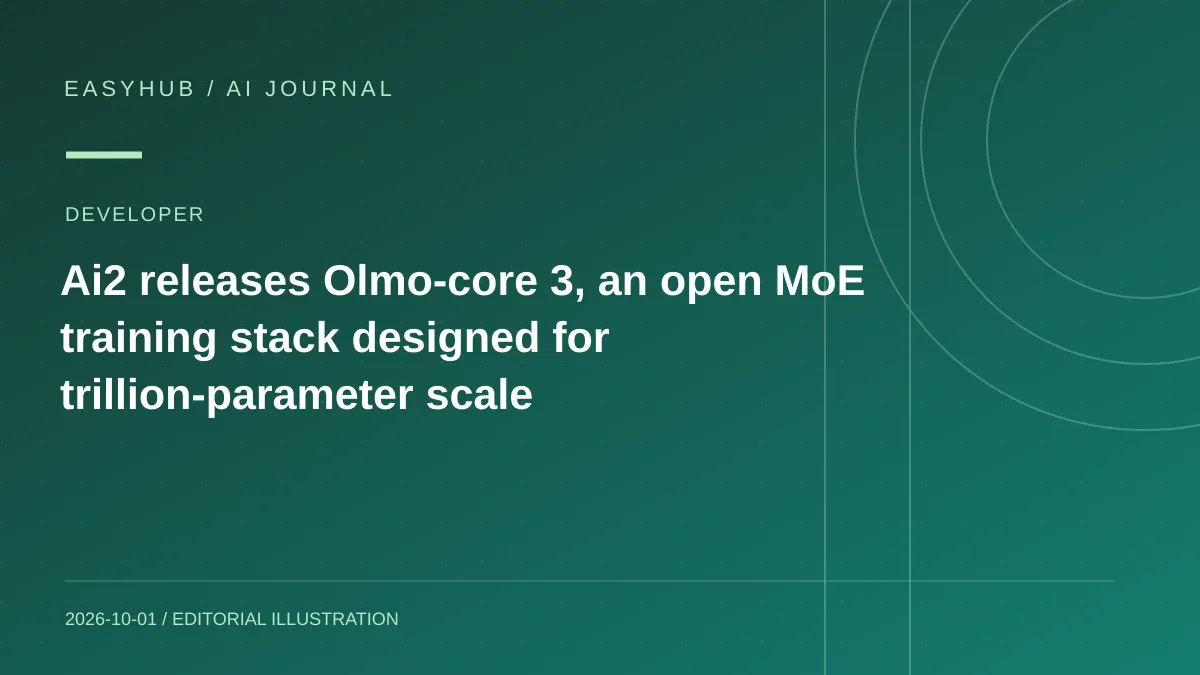 Editorial illustration: Ai2 releases Olmo-core 3, an open MoE training stack designed for trillion-parameter scale