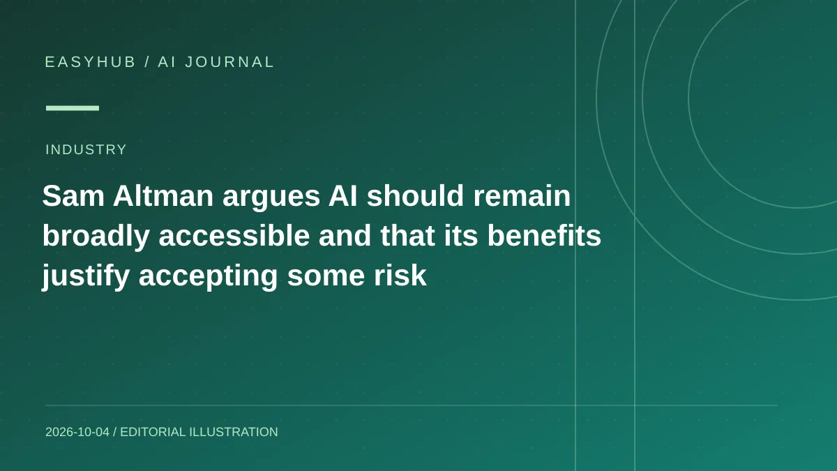 Editorial illustration: Sam Altman argues AI should remain broadly accessible and that its benefits justify accepting some risk
