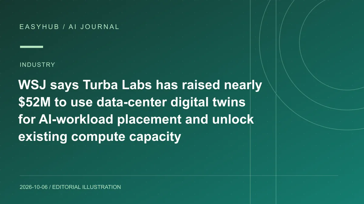 Editorial illustration: WSJ says Turba Labs has raised nearly $52M to use data-center digital twins for AI-workload placement and unlock existing compute capacity