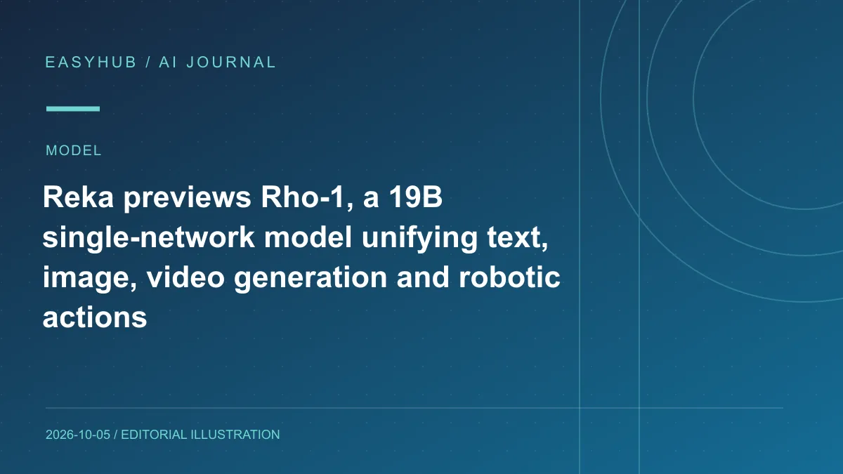 Editorial illustration: Reka previews Rho-1, a 19B single-network model unifying text, image, video generation and robotic actions