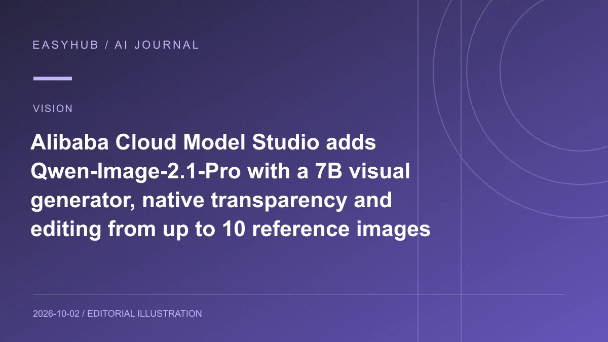 Editorial illustration: Alibaba Cloud Model Studio adds Qwen-Image-2.1-Pro with a 7B visual generator, native transparency and editing from up to 10 reference images