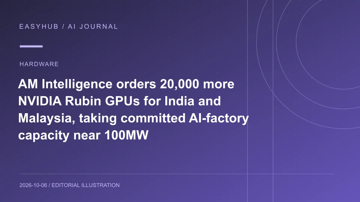 Editorial illustration: AM Intelligence orders 20,000 more NVIDIA Rubin GPUs for India and Malaysia, taking committed AI-factory capacity near 100MW