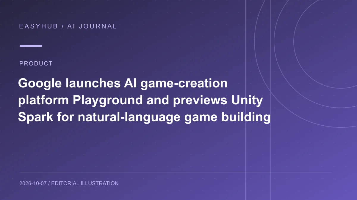 Editorial illustration: Google launches AI game-creation platform Playground and previews Unity Spark for natural-language game building