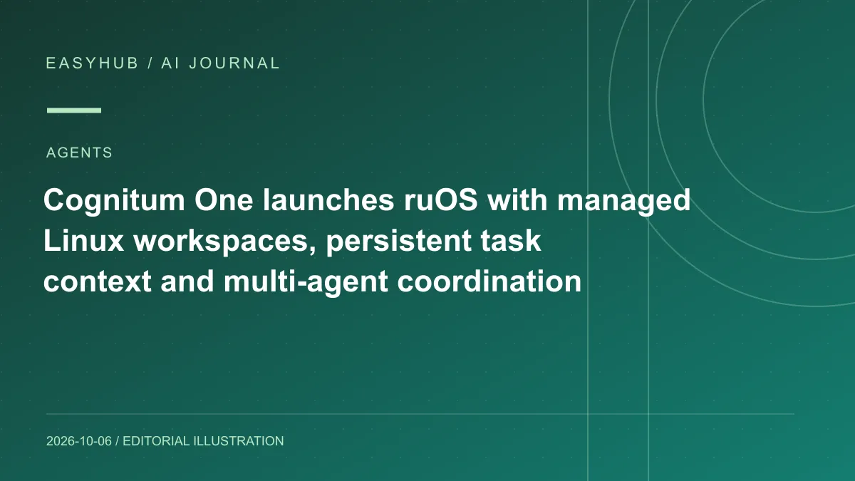 Editorial illustration: Cognitum One launches ruOS with managed Linux workspaces, persistent task context and multi-agent coordination