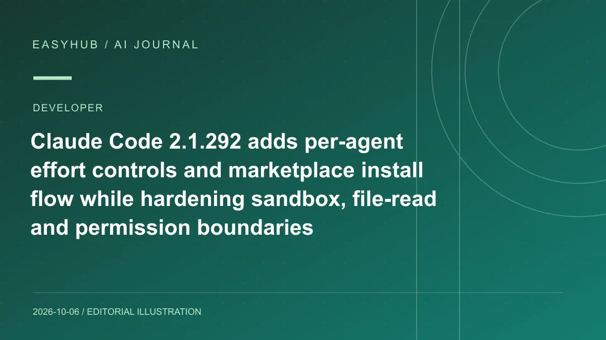 Editorial illustration: Claude Code 2.1.292 adds per-agent effort controls and marketplace install flow while hardening sandbox, file-read and permission boundaries