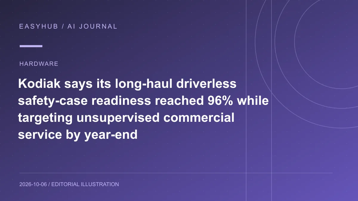 Editorial illustration: Kodiak says its long-haul driverless safety-case readiness reached 96% while targeting unsupervised commercial service by year-end