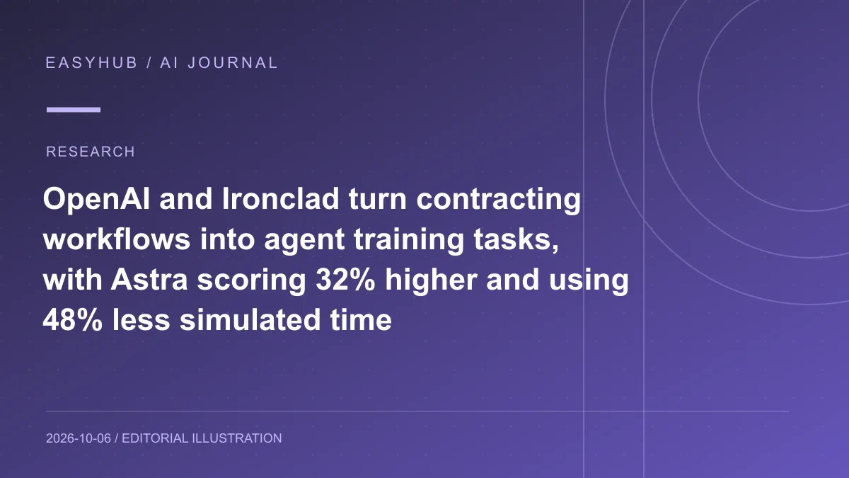 Editorial illustration: OpenAI and Ironclad turn contracting workflows into agent training tasks, with Astra scoring 32% higher and using 48% less simulated time