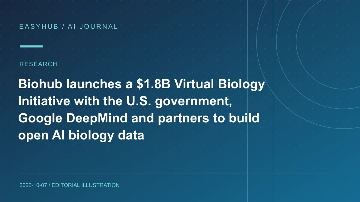Editorial illustration: Biohub launches a $1.8B Virtual Biology Initiative with the U.S. government, Google DeepMind and partners to build open AI biology data