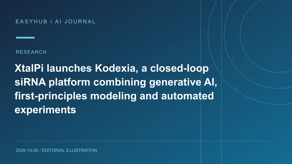 Editorial illustration: XtalPi launches Kodexia, a closed-loop siRNA platform combining generative AI, first-principles modeling and automated experiments