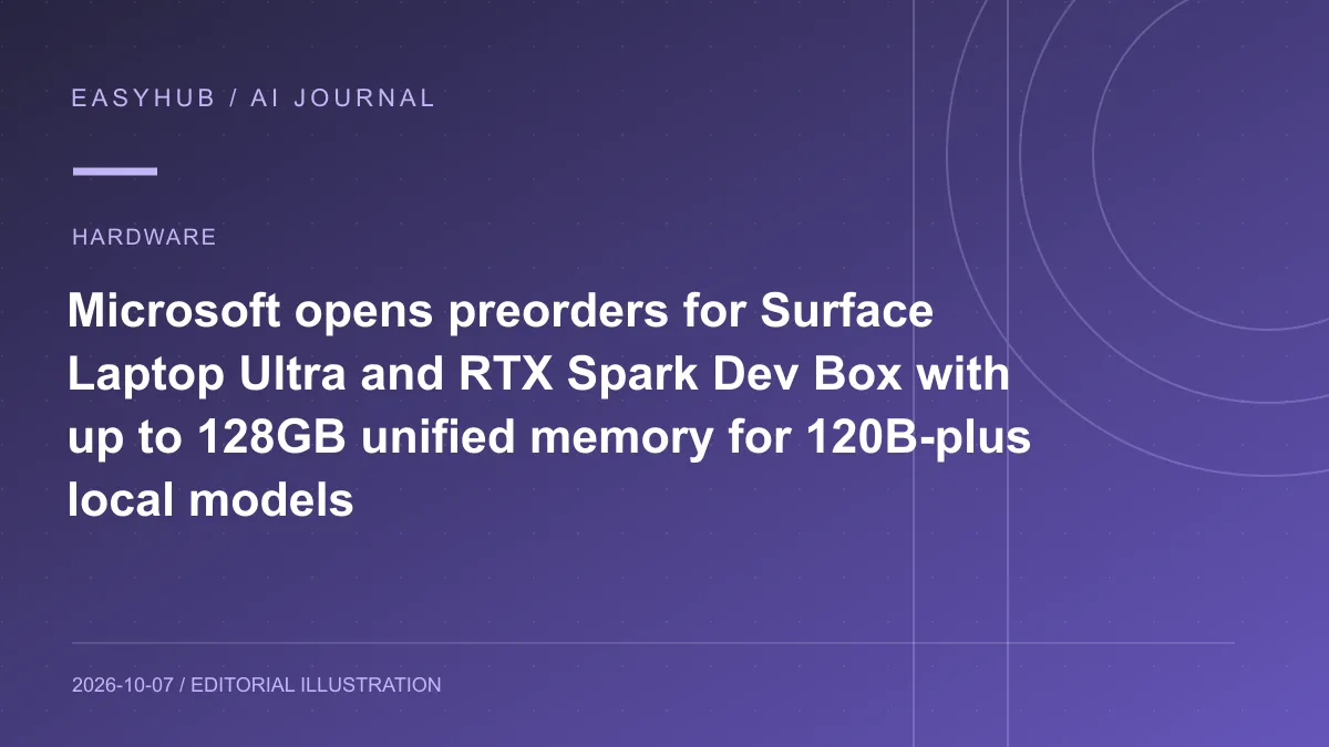 Editorial illustration: Microsoft opens preorders for Surface Laptop Ultra and RTX Spark Dev Box with up to 128GB unified memory for 120B-plus local models