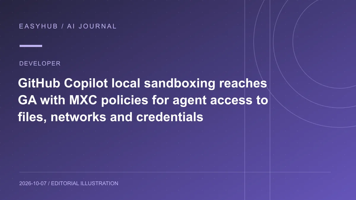 Editorial illustration: GitHub Copilot local sandboxing reaches GA with MXC policies for agent access to files, networks and credentials